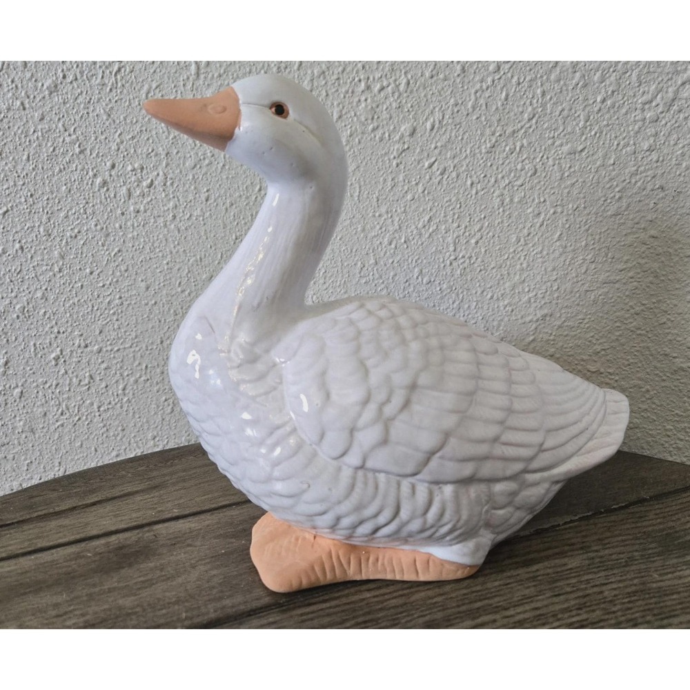 Vintage Terra Cotta White Glazed Ceramic Sitting Goose Duck Statue Cottagecore